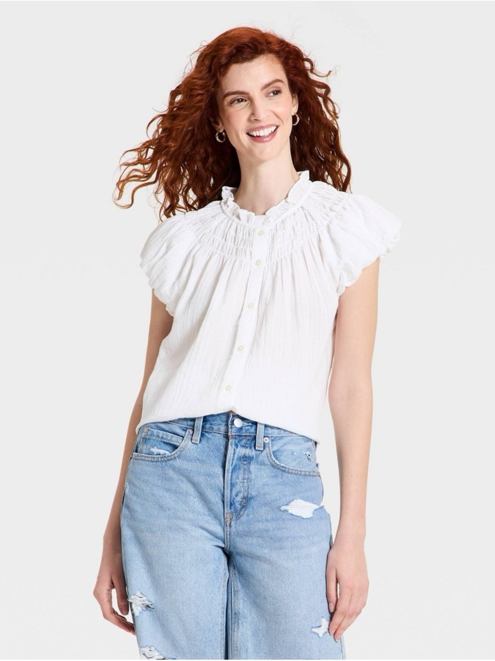 Universal Thread White Smocked Ruffle Button-Front Blouse b114se